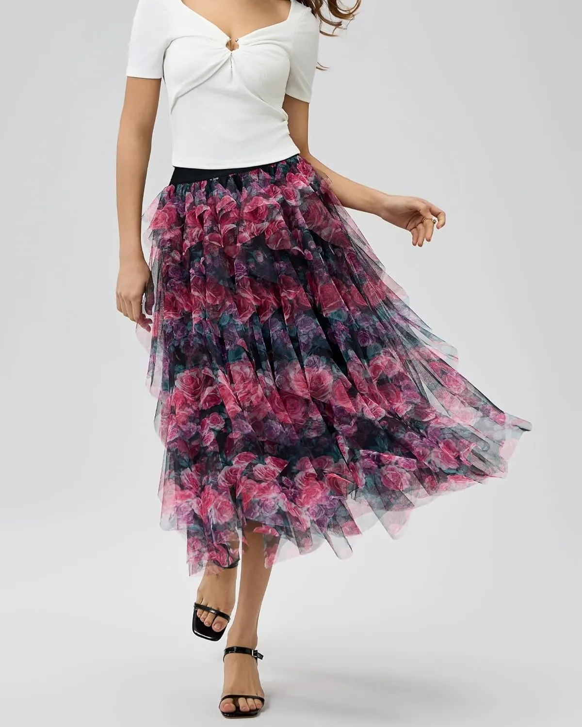 Women’s Layered Ruffles Tulle Skirt Pleated High Waist Fluffy Maxi Skirt Fairy Cake Dress Long Tutu Party Skirt