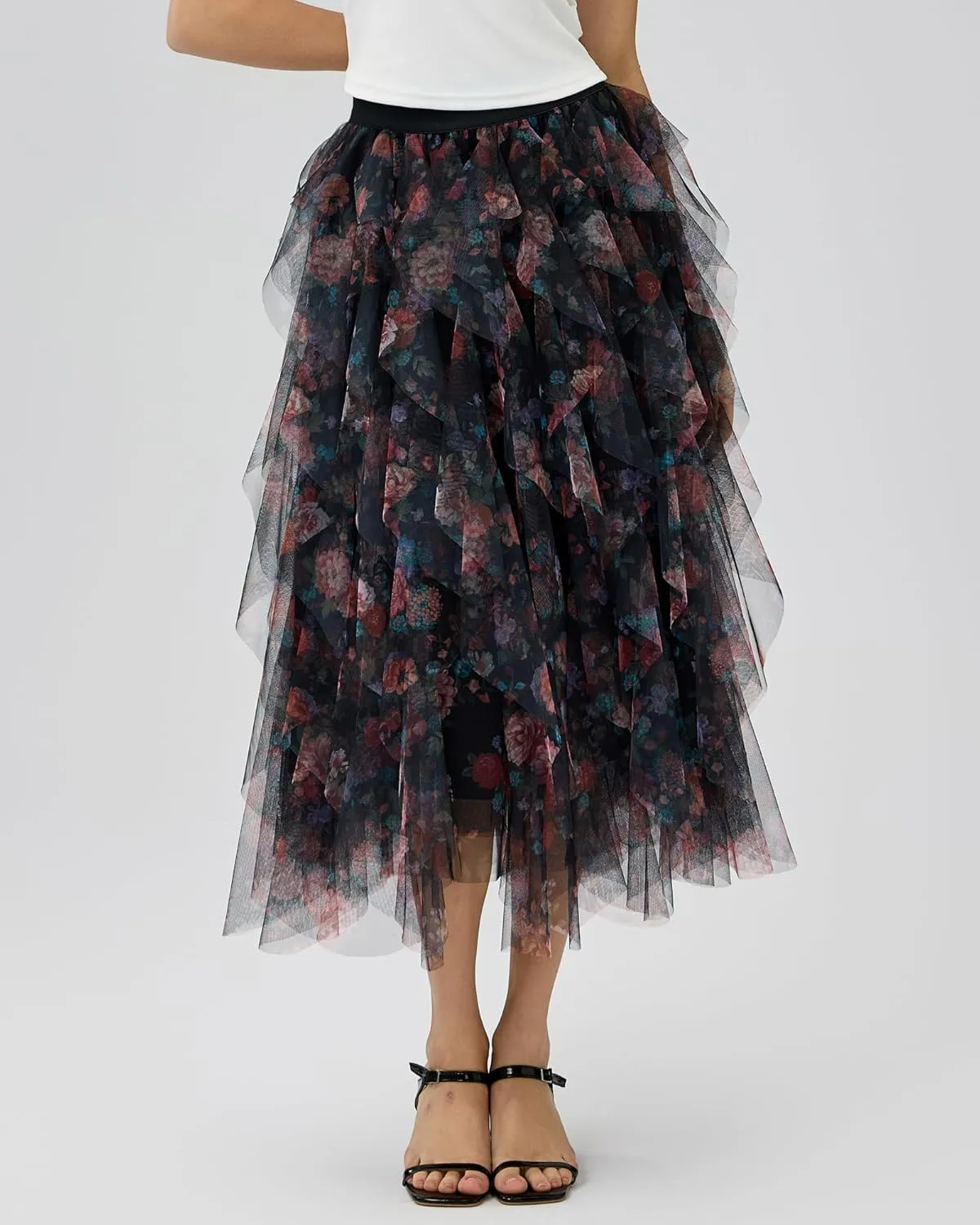 Women’s Layered Ruffles Tulle Skirt Pleated High Waist Fluffy Maxi Skirt Fairy Cake Dress Long Tutu Party Skirt