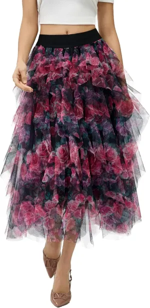 Women’s Layered Ruffles Tulle Skirt Pleated High Waist Fluffy Maxi Skirt Fairy Cake Dress Long Tutu Party Skirt