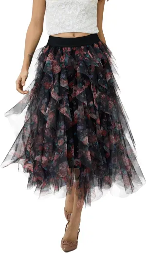 Women’s Layered Ruffles Tulle Skirt Pleated High Waist Fluffy Maxi Skirt Fairy Cake Dress Long Tutu Party Skirt