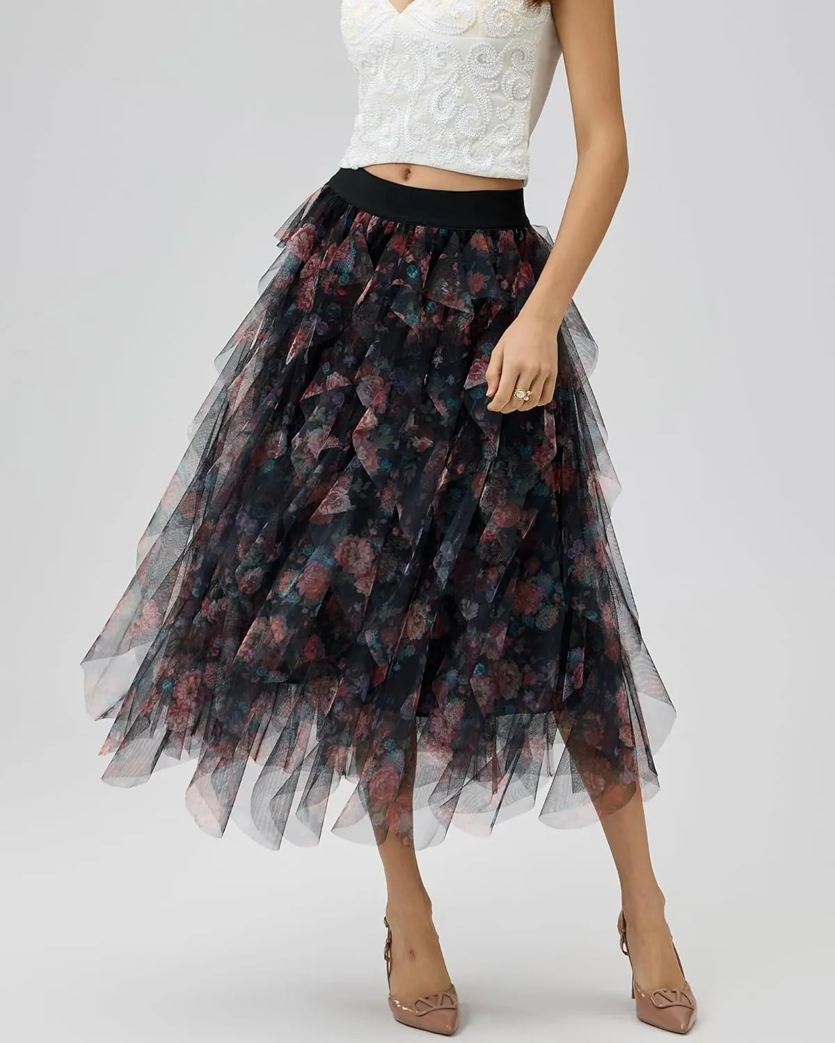 Women’s Layered Ruffles Tulle Skirt Pleated High Waist Fluffy Maxi Skirt Fairy Cake Dress Long Tutu Party Skirt