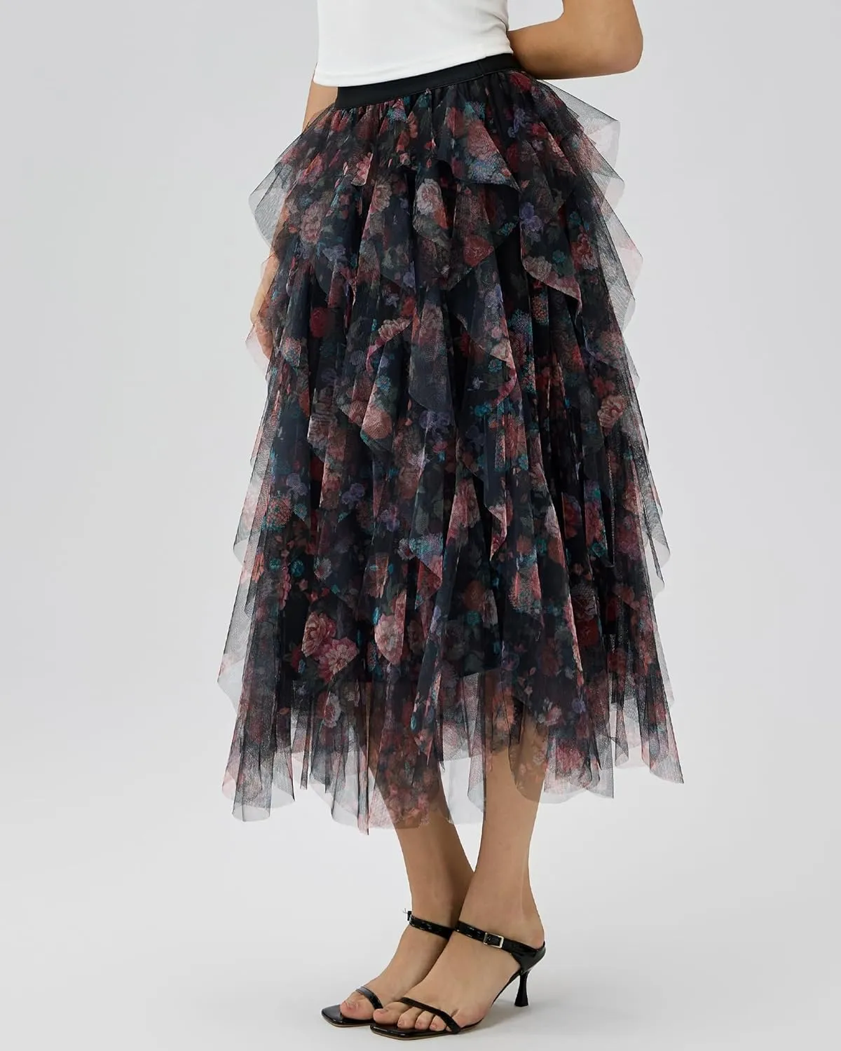 Women’s Layered Ruffles Tulle Skirt Pleated High Waist Fluffy Maxi Skirt Fairy Cake Dress Long Tutu Party Skirt