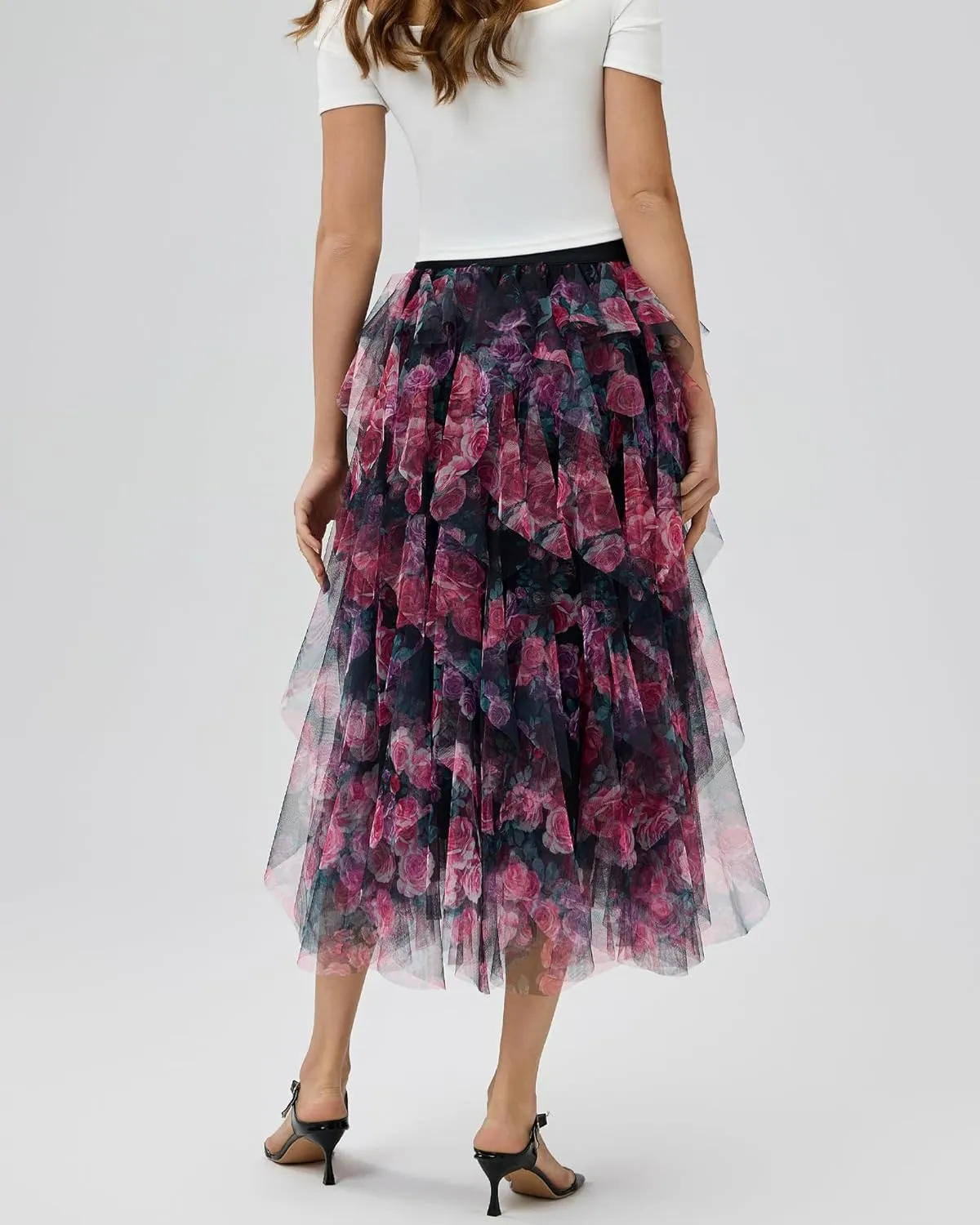 Women’s Layered Ruffles Tulle Skirt Pleated High Waist Fluffy Maxi Skirt Fairy Cake Dress Long Tutu Party Skirt