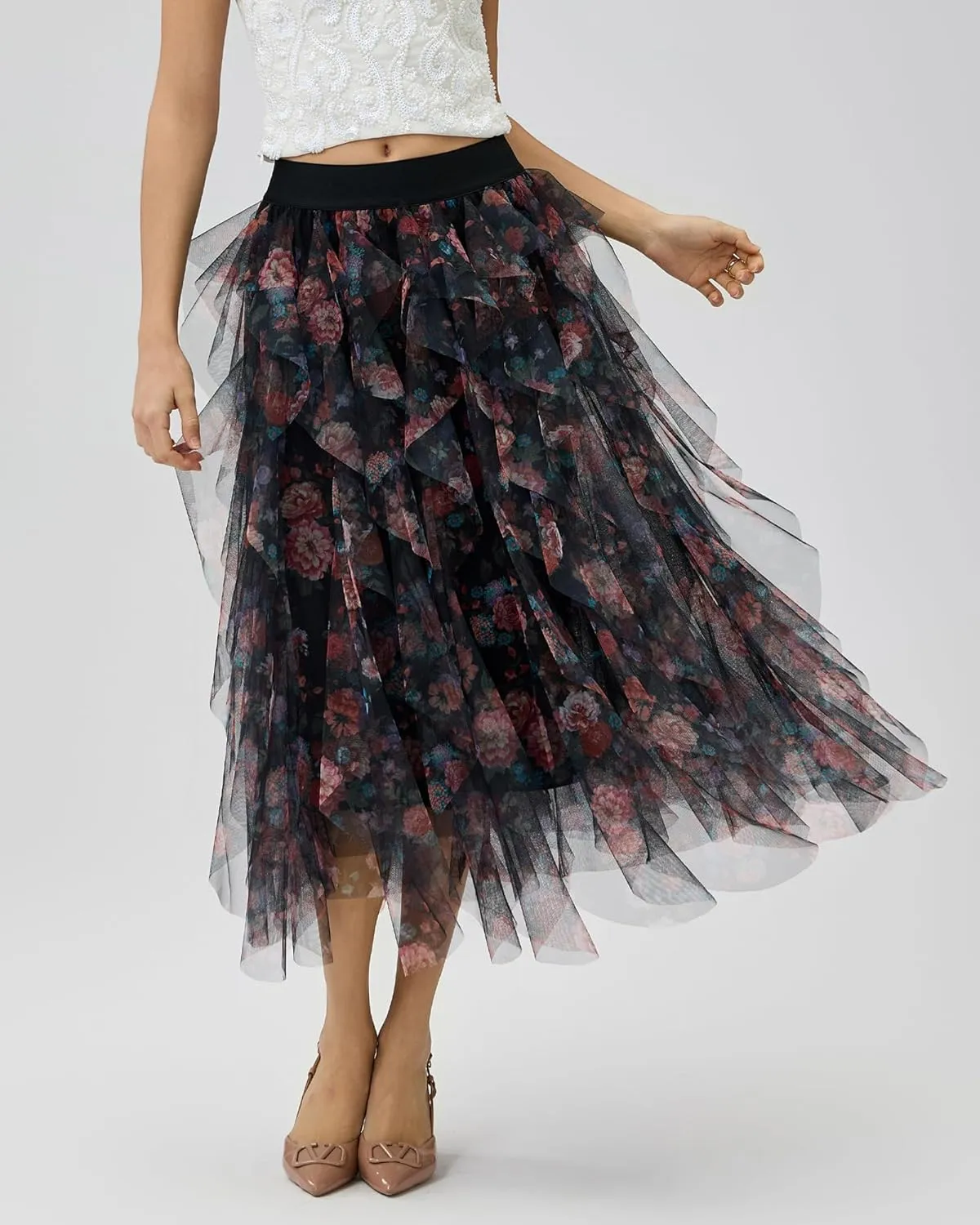 Women’s Layered Ruffles Tulle Skirt Pleated High Waist Fluffy Maxi Skirt Fairy Cake Dress Long Tutu Party Skirt