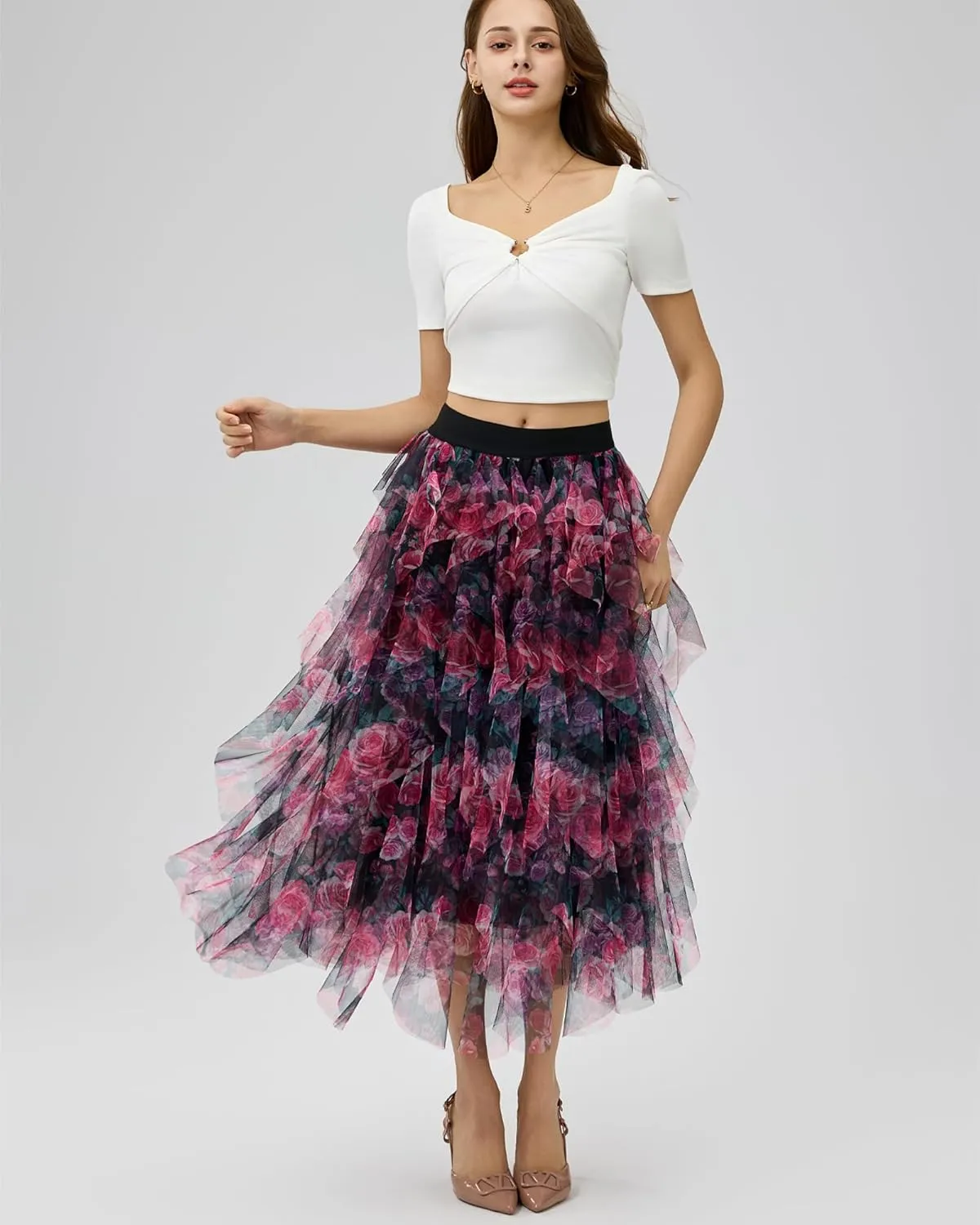 Women’s Layered Ruffles Tulle Skirt Pleated High Waist Fluffy Maxi Skirt Fairy Cake Dress Long Tutu Party Skirt
