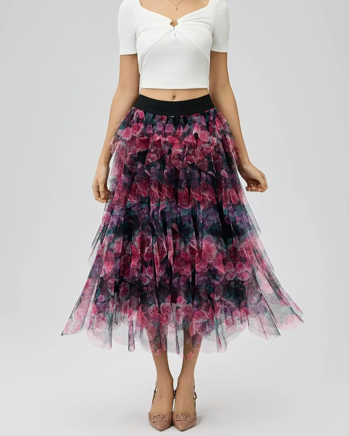 Women’s Layered Ruffles Tulle Skirt Pleated High Waist Fluffy Maxi Skirt Fairy Cake Dress Long Tutu Party Skirt
