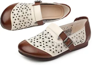 Women's Leather Hollow Flats Loafers,Fashion Side Adjustable Buckle Slip On Comfortable Lightweight Causal Sandals Round Toe Driving Walking Shoe Elegant Soft Sole Mom Shoes