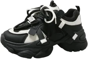 Womens Leather Platform Chunky Heels Sneakers Casual Breathable Lace Up Walking Dad Shoes Comfortable Fashion Sneakers