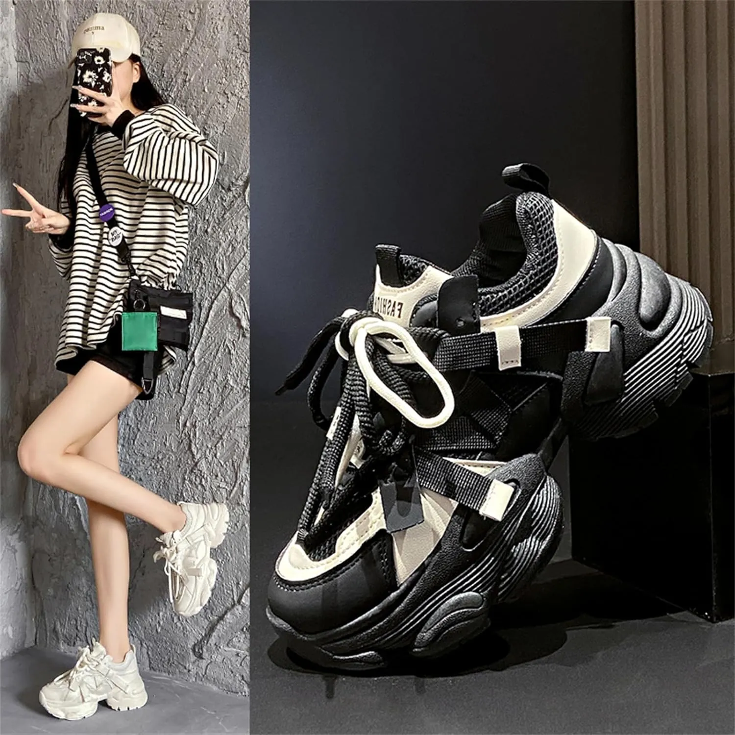 Womens Leather Platform Chunky Heels Sneakers Casual Breathable Lace Up Walking Dad Shoes Comfortable Fashion Sneakers