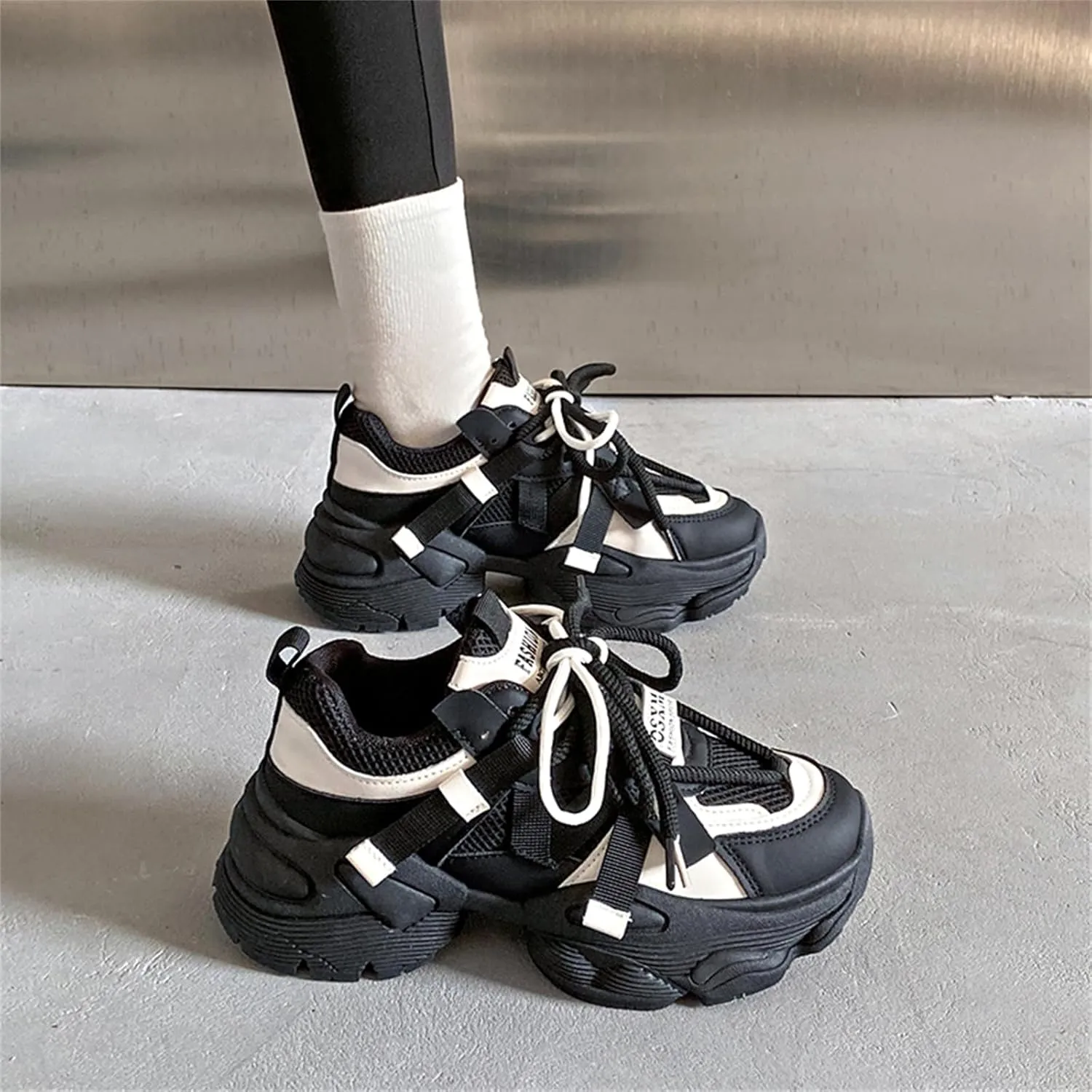Womens Leather Platform Chunky Heels Sneakers Casual Breathable Lace Up Walking Dad Shoes Comfortable Fashion Sneakers