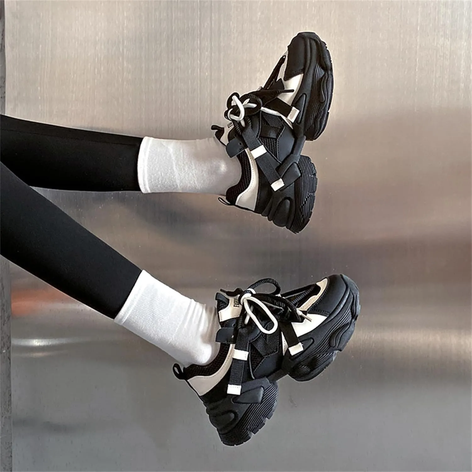 Womens Leather Platform Chunky Heels Sneakers Casual Breathable Lace Up Walking Dad Shoes Comfortable Fashion Sneakers