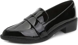 Women's Leather Pointed Toe Low Chunky Heel Dress Penny Loafers Fall Fashion Slip-On Comfortable Mid Block Heel Walking Pumps Business Office Work Shoes