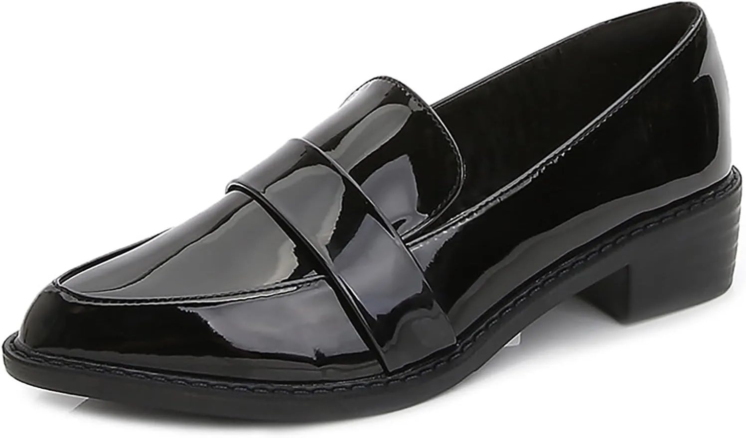 Women's Leather Pointed Toe Low Chunky Heel Dress Penny Loafers Fall Fashion Slip-On Comfortable Mid Block Heel Walking Pumps Business Office Work Shoes