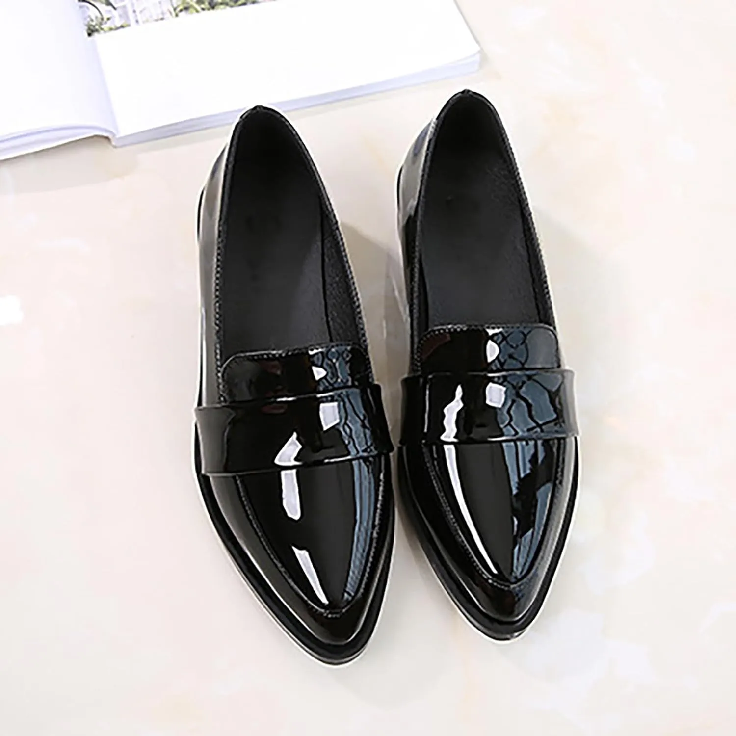 Women's Leather Pointed Toe Low Chunky Heel Dress Penny Loafers Fall Fashion Slip-On Comfortable Mid Block Heel Walking Pumps Business Office Work Shoes