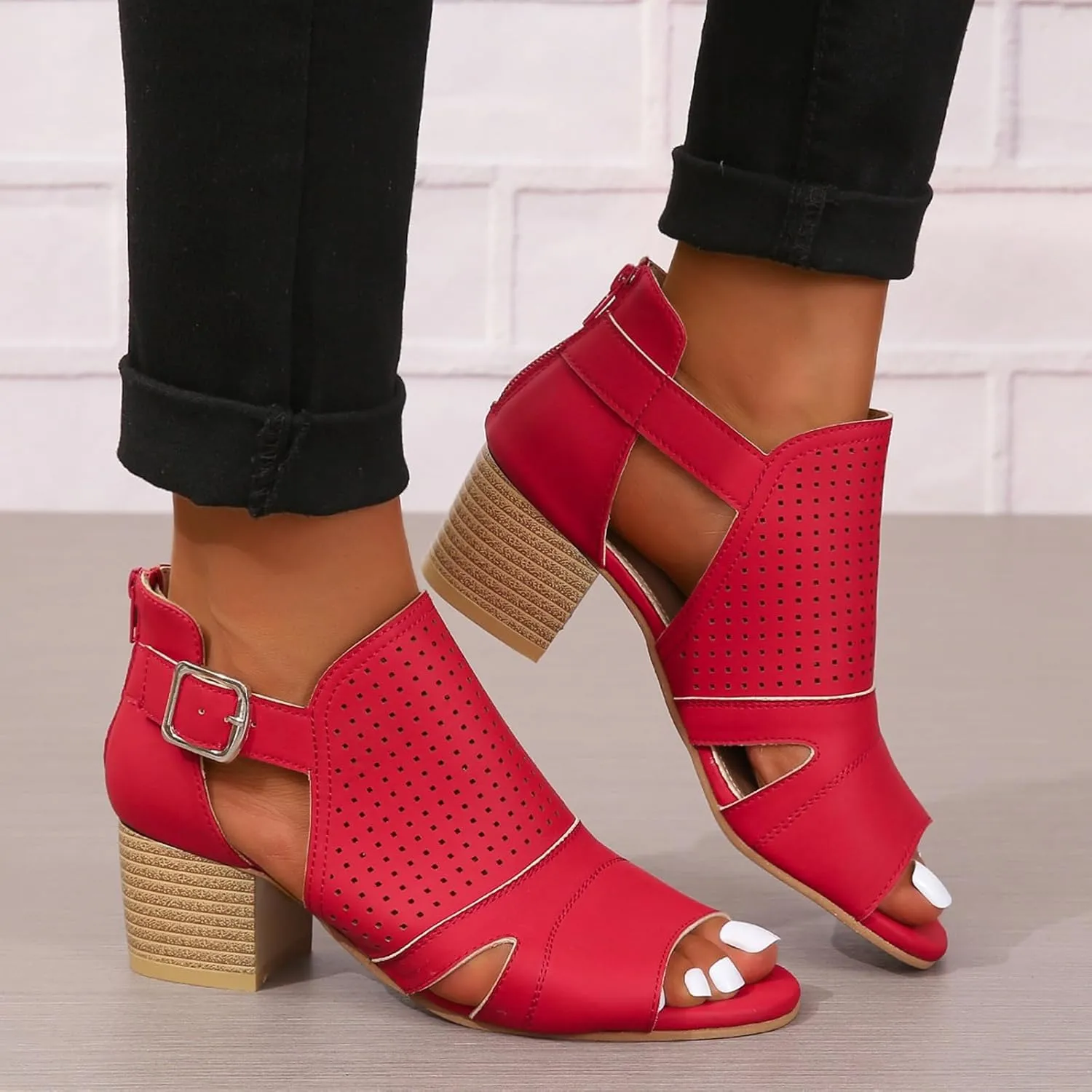 Women's Low Ankle Heel Bootie Cut Out Slip On Low Heel Short Chunky Stacked Heel Perforated Western Booties Cutout Shoes