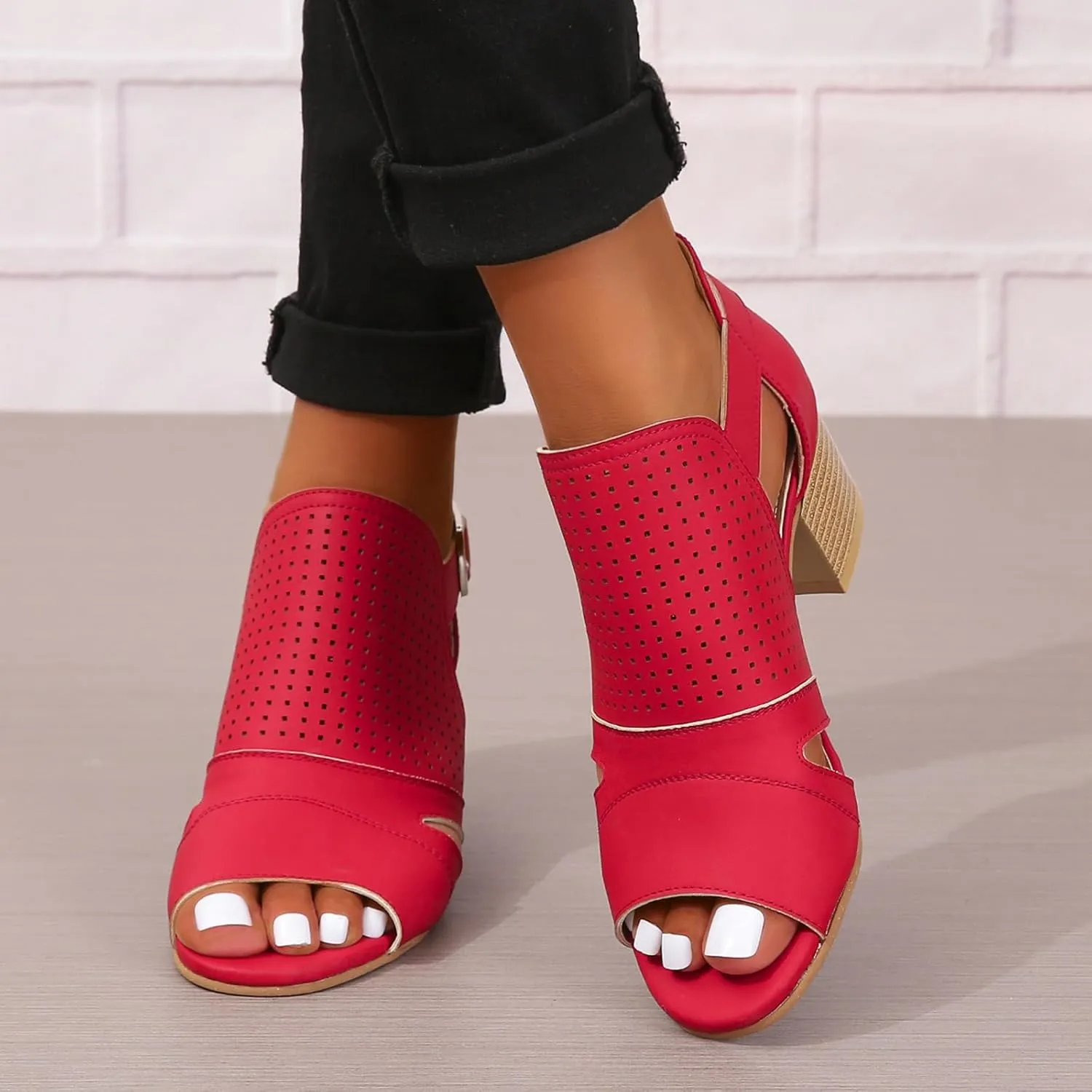 Women's Low Ankle Heel Bootie Cut Out Slip On Low Heel Short Chunky Stacked Heel Perforated Western Booties Cutout Shoes
