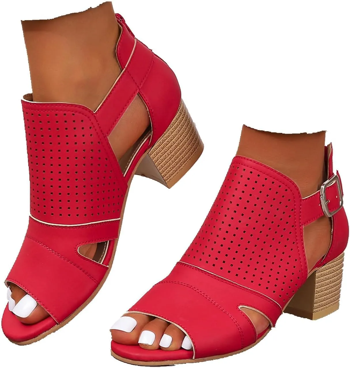 Women's Low Ankle Heel Bootie Cut Out Slip On Low Heel Short Chunky Stacked Heel Perforated Western Booties Cutout Shoes