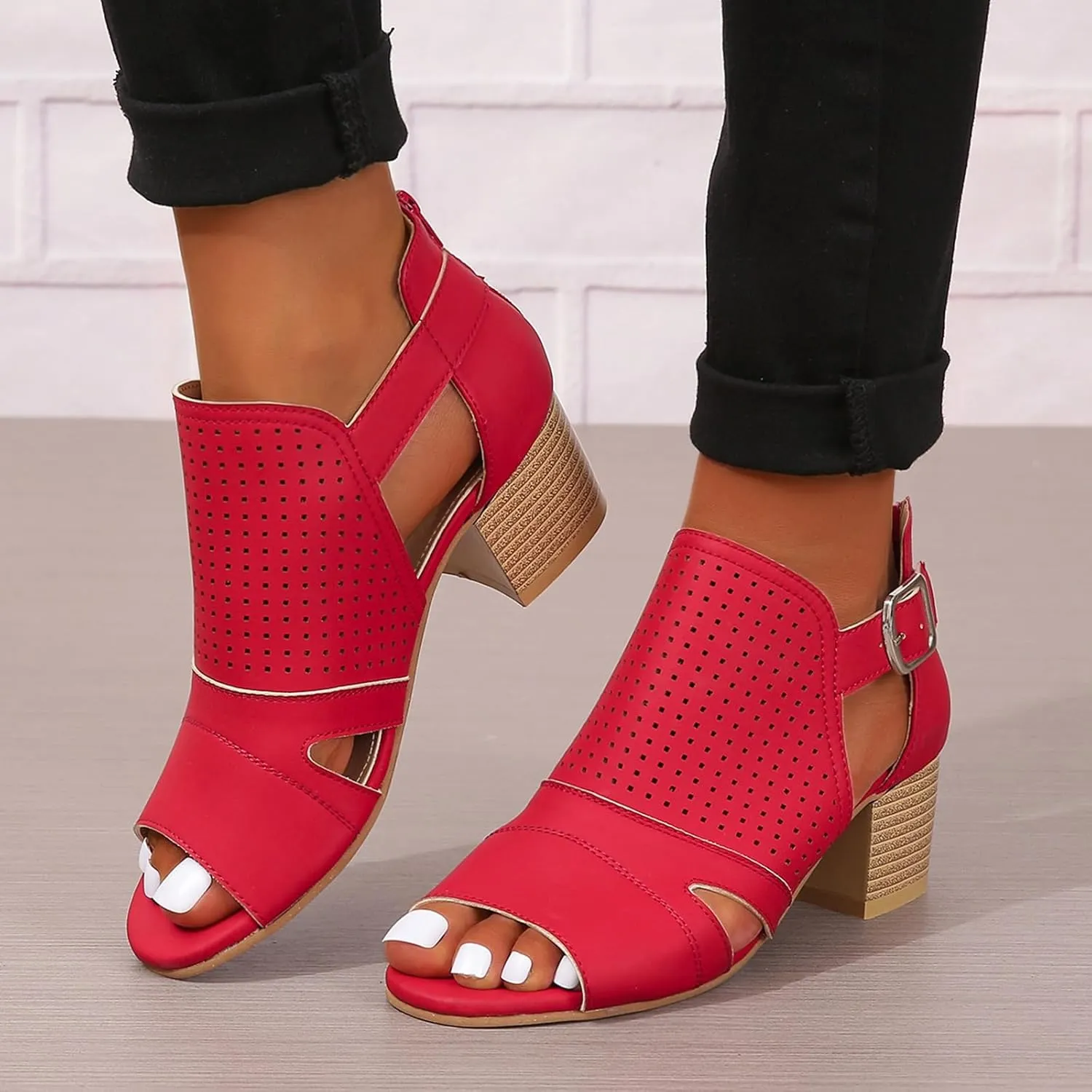 Women's Low Ankle Heel Bootie Cut Out Slip On Low Heel Short Chunky Stacked Heel Perforated Western Booties Cutout Shoes