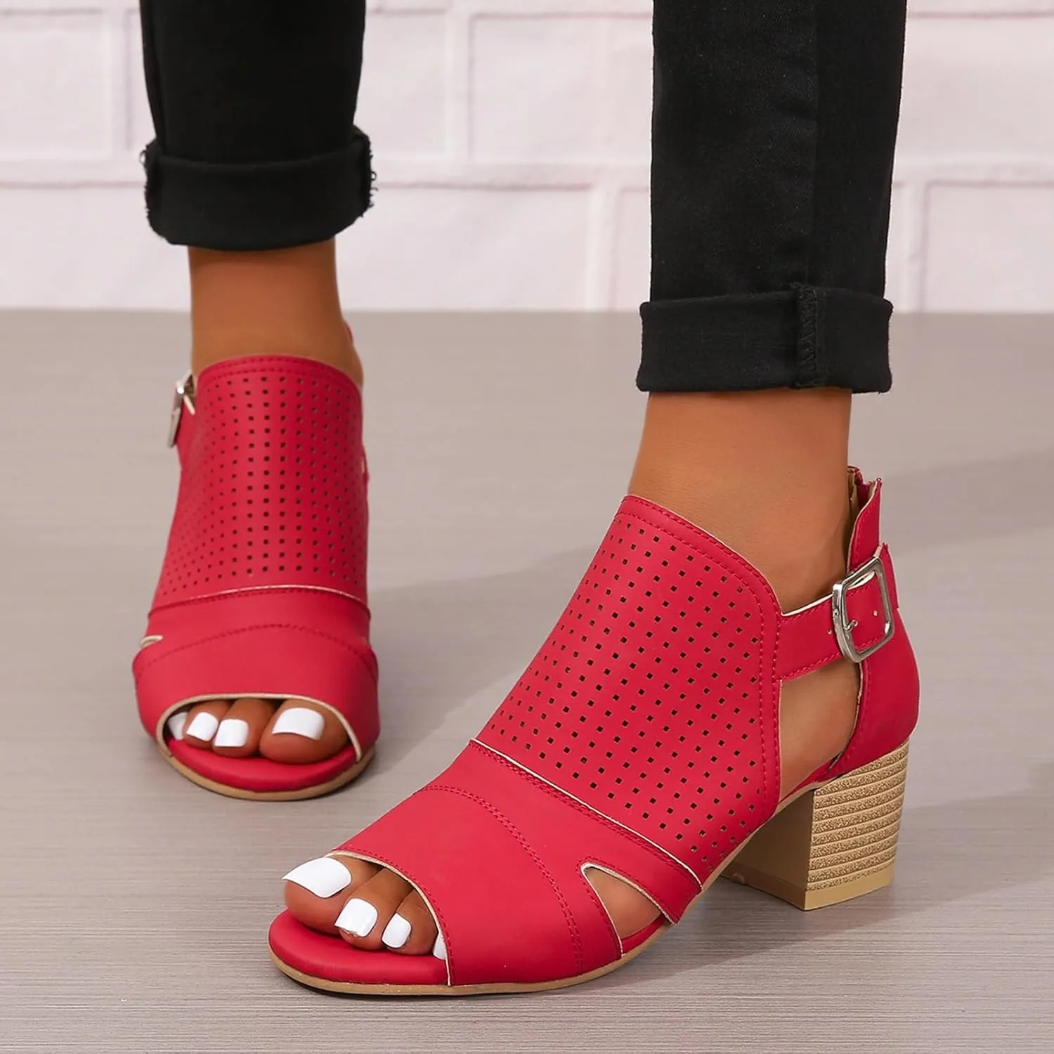 Women's Low Ankle Heel Bootie Cut Out Slip On Low Heel Short Chunky Stacked Heel Perforated Western Booties Cutout Shoes