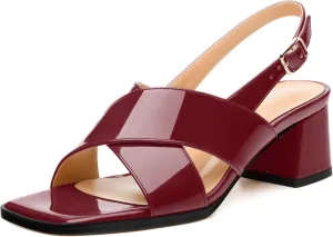 Women's Low Chunky Heel Sandals, Square Toe Slingback with Adjustable Buckle, Solid Color Heels for Weddings, Parties and Daily Wear, Fashion Sandals for Women