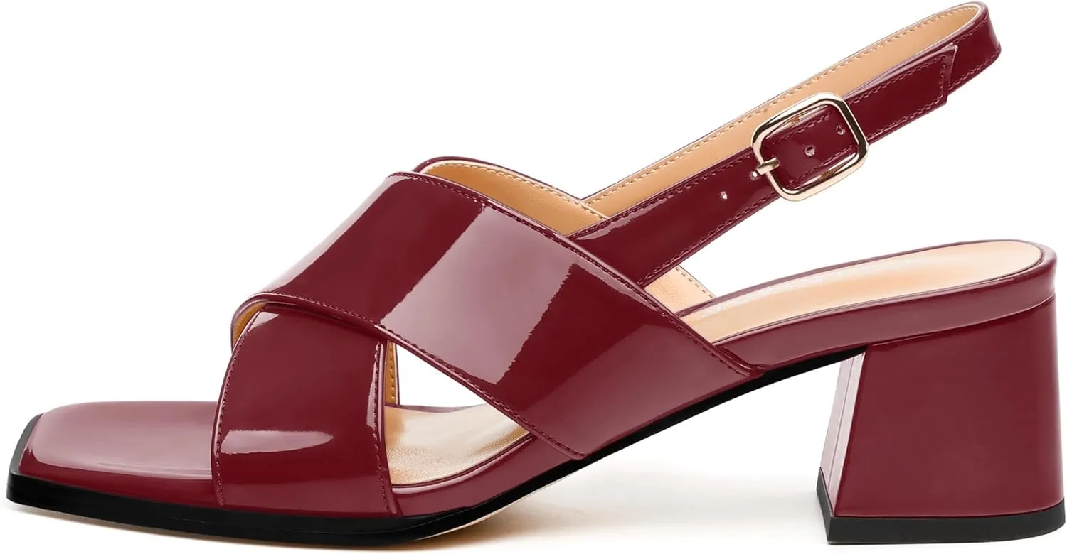 Women's Low Chunky Heel Sandals, Square Toe Slingback with Adjustable Buckle, Solid Color Heels for Weddings, Parties and Daily Wear, Fashion Sandals for Women