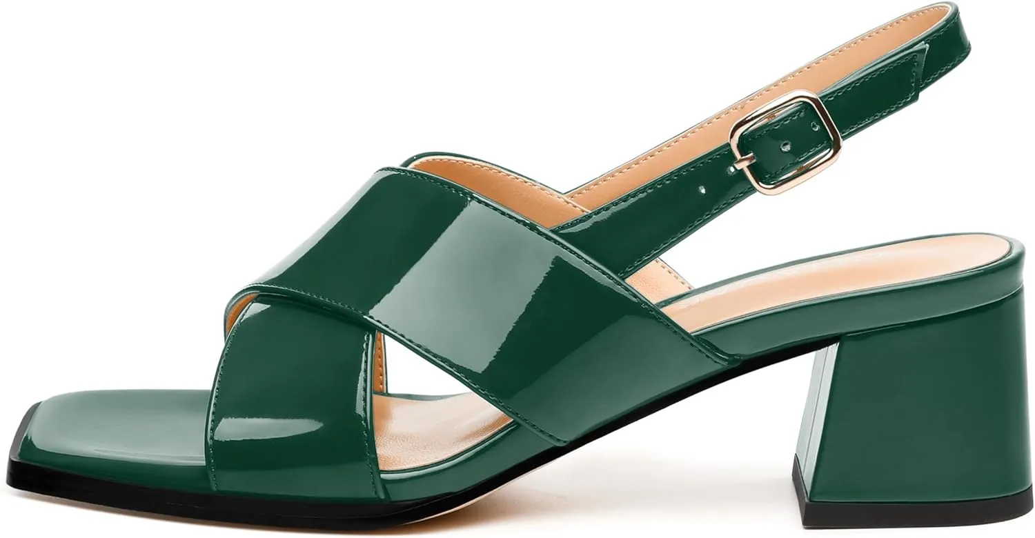 Women's Low Chunky Heel Sandals, Square Toe Slingback with Adjustable Buckle, Solid Color Heels for Weddings, Parties and Daily Wear, Fashion Sandals for Women