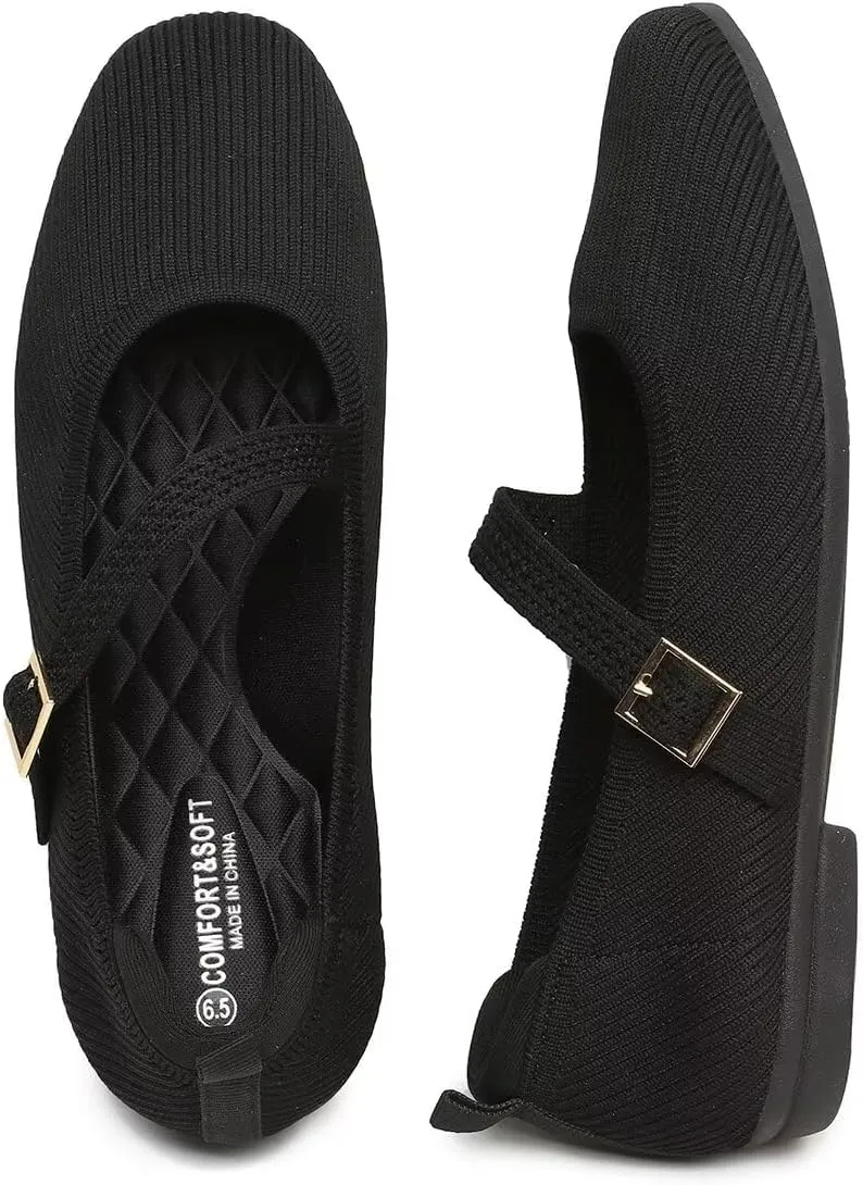 Women's Mary Jane Ballet Flats Square Toe Knit Ballerina Walking Dressy Office Slip-on Shoes with Strap