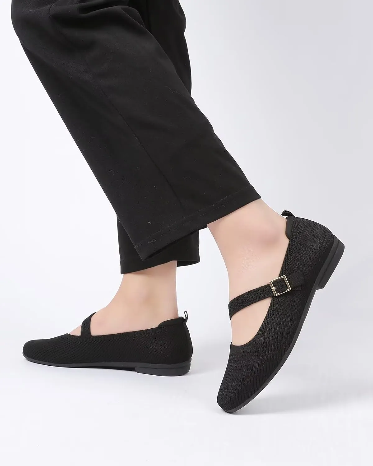 Women's Mary Jane Ballet Flats Square Toe Knit Ballerina Walking Dressy Office Slip-on Shoes with Strap