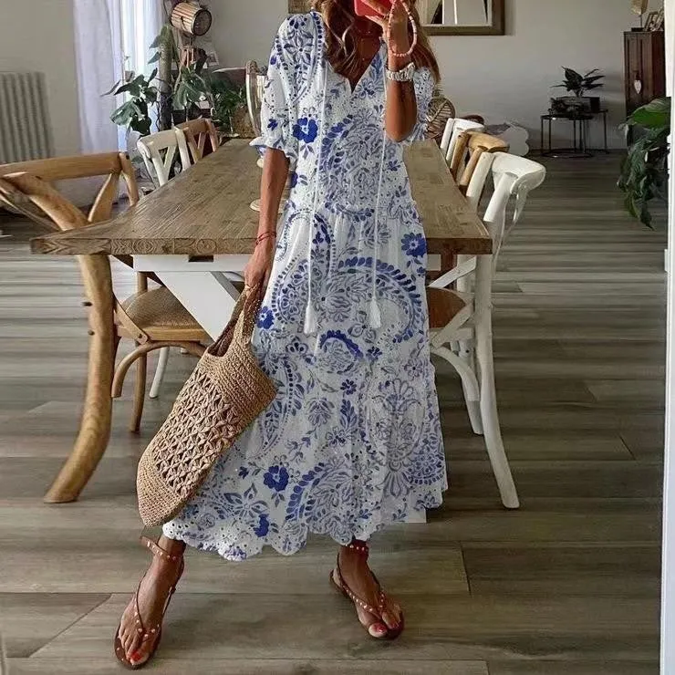 Women’s Maxi Dress – Eyelet Lace – V-Neck – Puff Sleeve – Tiered Skirt – Tassel Detail