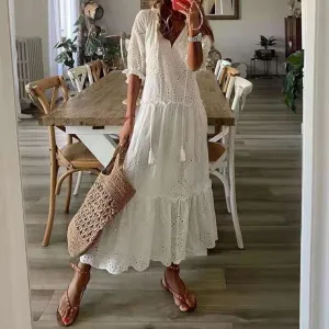 Women’s Maxi Dress – Eyelet Lace – V-Neck – Puff Sleeve – Tiered Skirt – Tassel Detail
