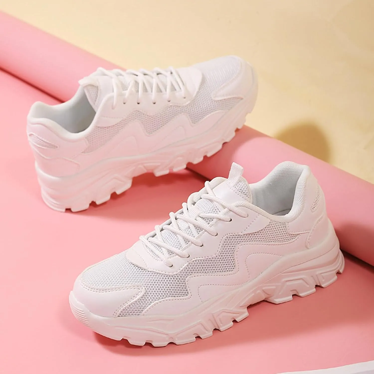 Women's Mesh Lightweight Increasing Running Sneakers Fashion Comfortable Breathable Lace up Soft Sole Non-Slip Walking Casual Sports Shoes Workout Gym Trekking Tennis Sneakers