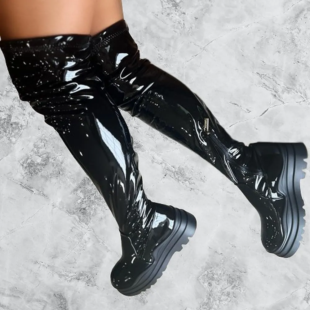 Women's Over The Knee Boots Lug Sole Round Toe Thigh High Chunky Block Heels Flat Boots