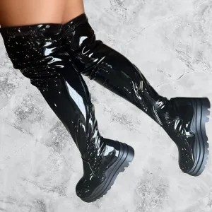 Women's Over The Knee Boots Lug Sole Round Toe Thigh High Chunky Block Heels Flat Boots