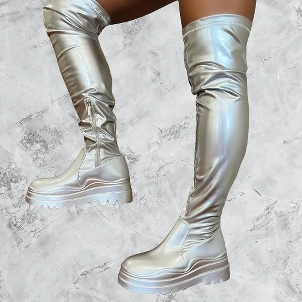 Women's Over The Knee Boots Lug Sole Round Toe Thigh High Chunky Block Heels Flat Boots