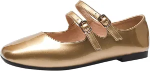 Women's Patent Leather Flat Mary Jane Shoes Elegant Square Toe Two Ankle Strap Ballet Flats for Walking Work Dressy & Casual