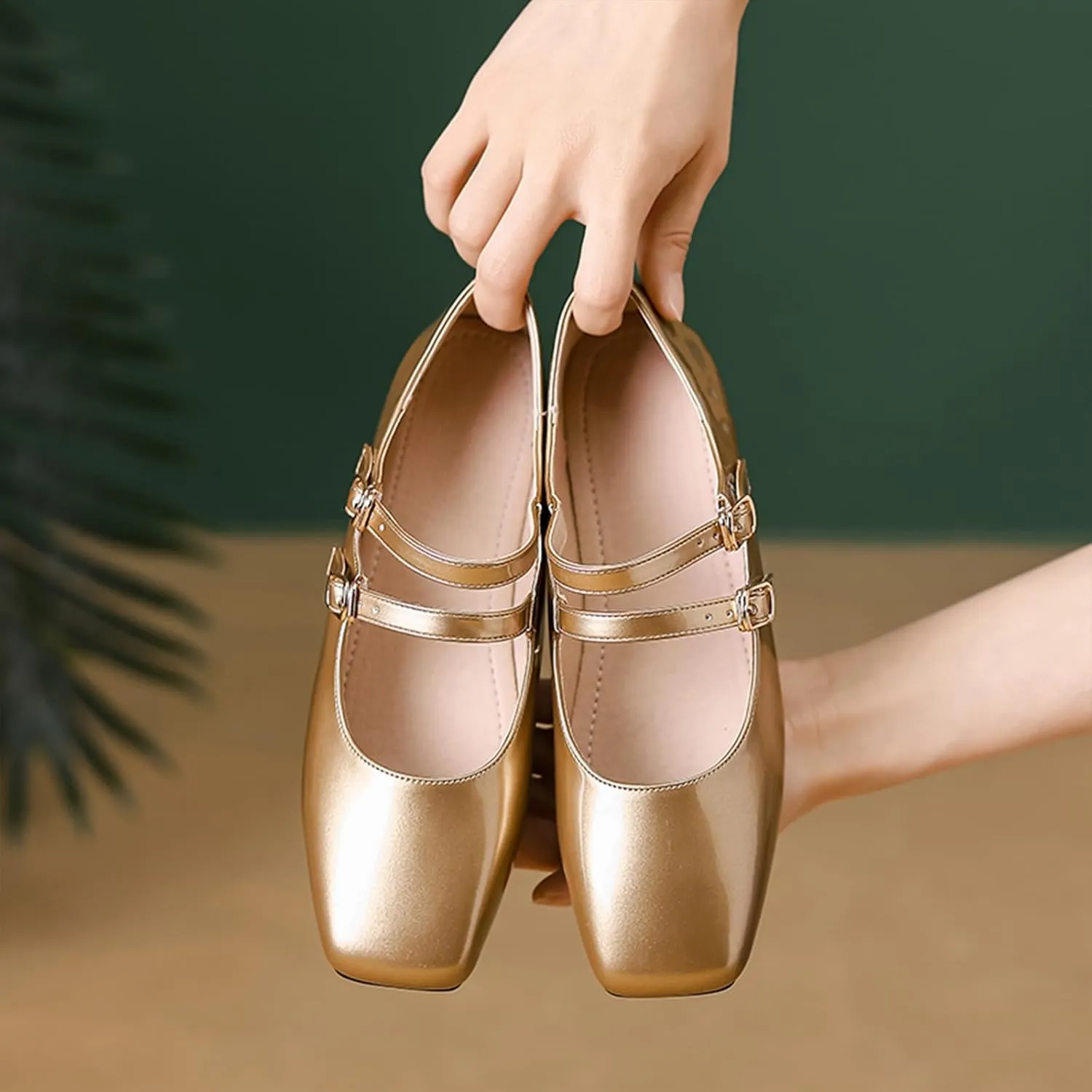 Women's Patent Leather Flat Mary Jane Shoes Elegant Square Toe Two Ankle Strap Ballet Flats for Walking Work Dressy & Casual
