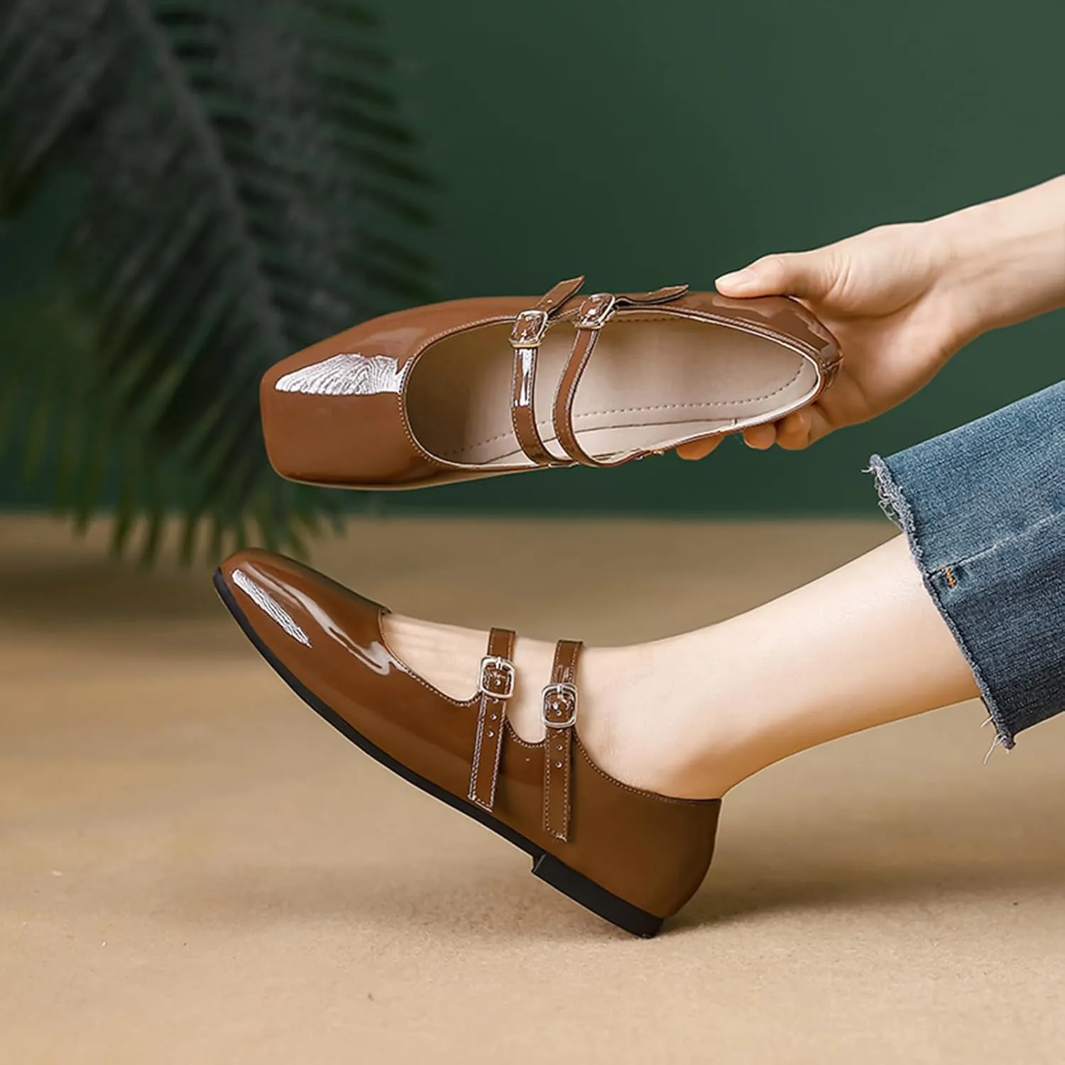 Women's Patent Leather Flat Mary Jane Shoes Elegant Square Toe Two Ankle Strap Ballet Flats for Walking Work Dressy & Casual