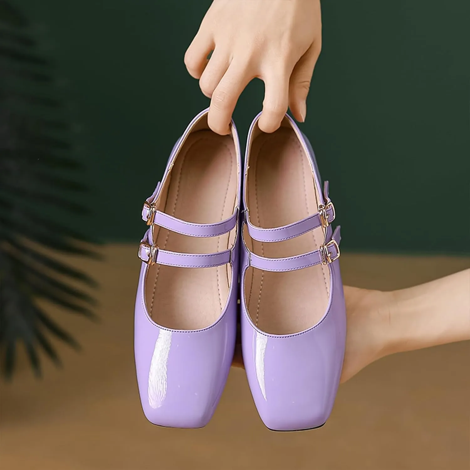 Women's Patent Leather Flat Mary Jane Shoes Elegant Square Toe Two Ankle Strap Ballet Flats for Walking Work Dressy & Casual