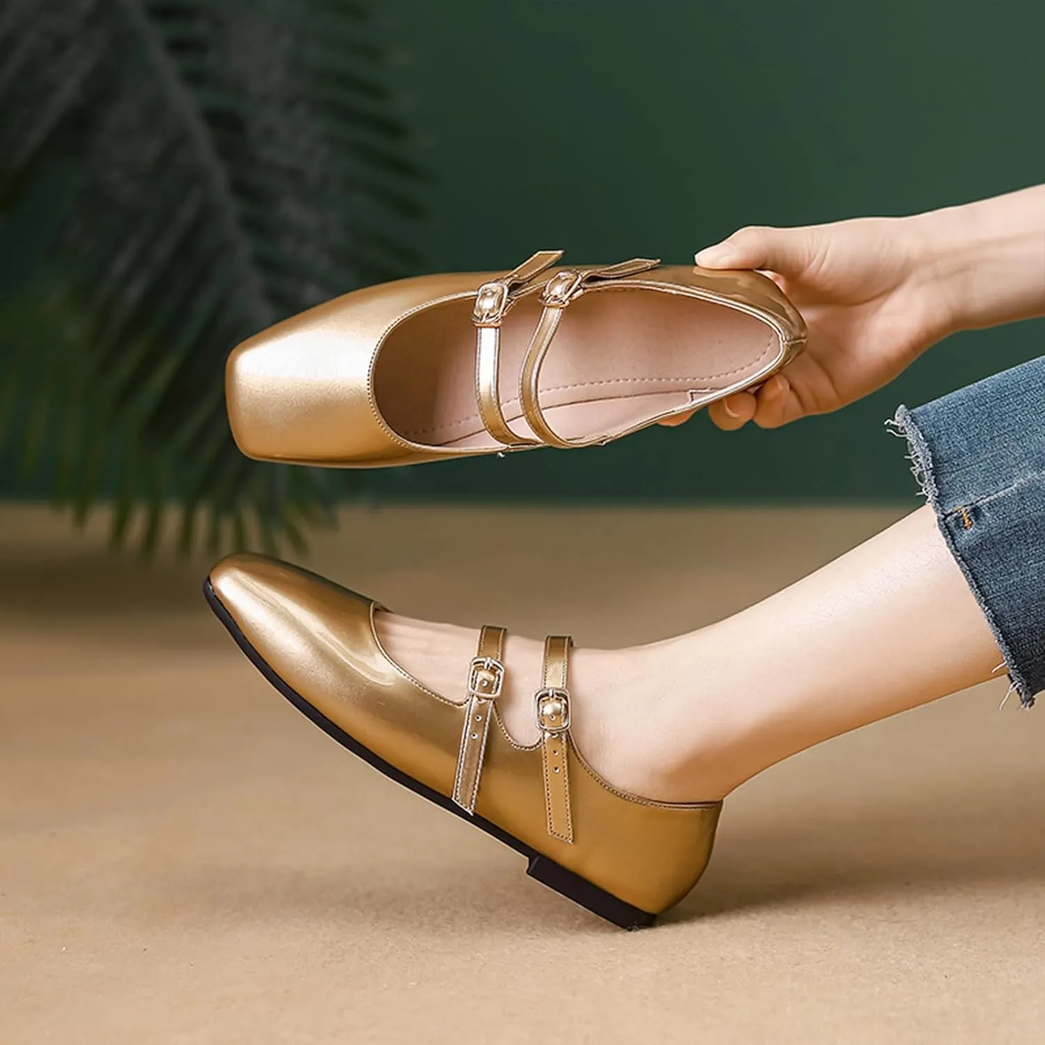 Women's Patent Leather Flat Mary Jane Shoes Elegant Square Toe Two Ankle Strap Ballet Flats for Walking Work Dressy & Casual