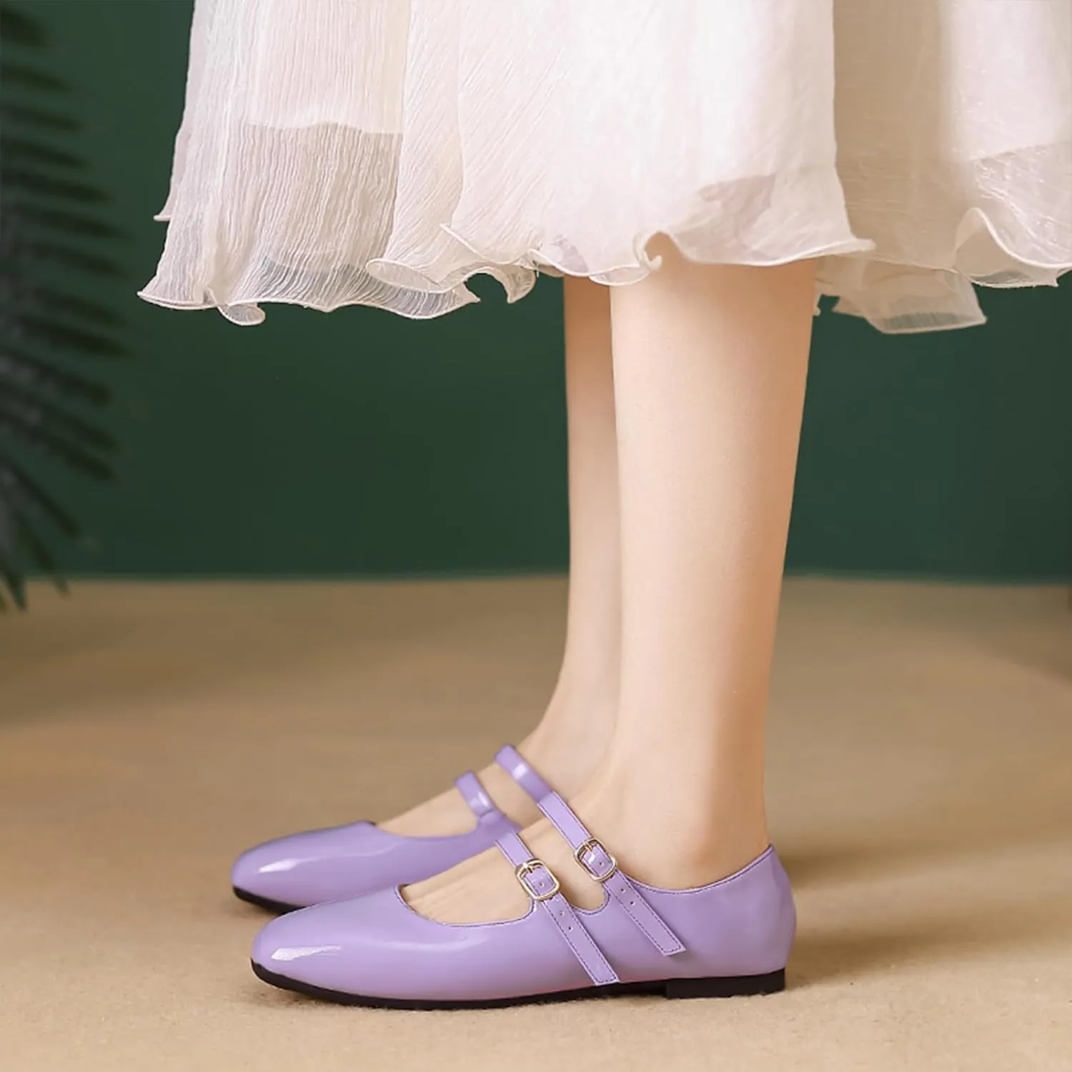 Women's Patent Leather Flat Mary Jane Shoes Elegant Square Toe Two Ankle Strap Ballet Flats for Walking Work Dressy & Casual