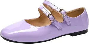 Women's Patent Leather Flat Mary Jane Shoes Elegant Square Toe Two Ankle Strap Ballet Flats for Walking Work Dressy & Casual