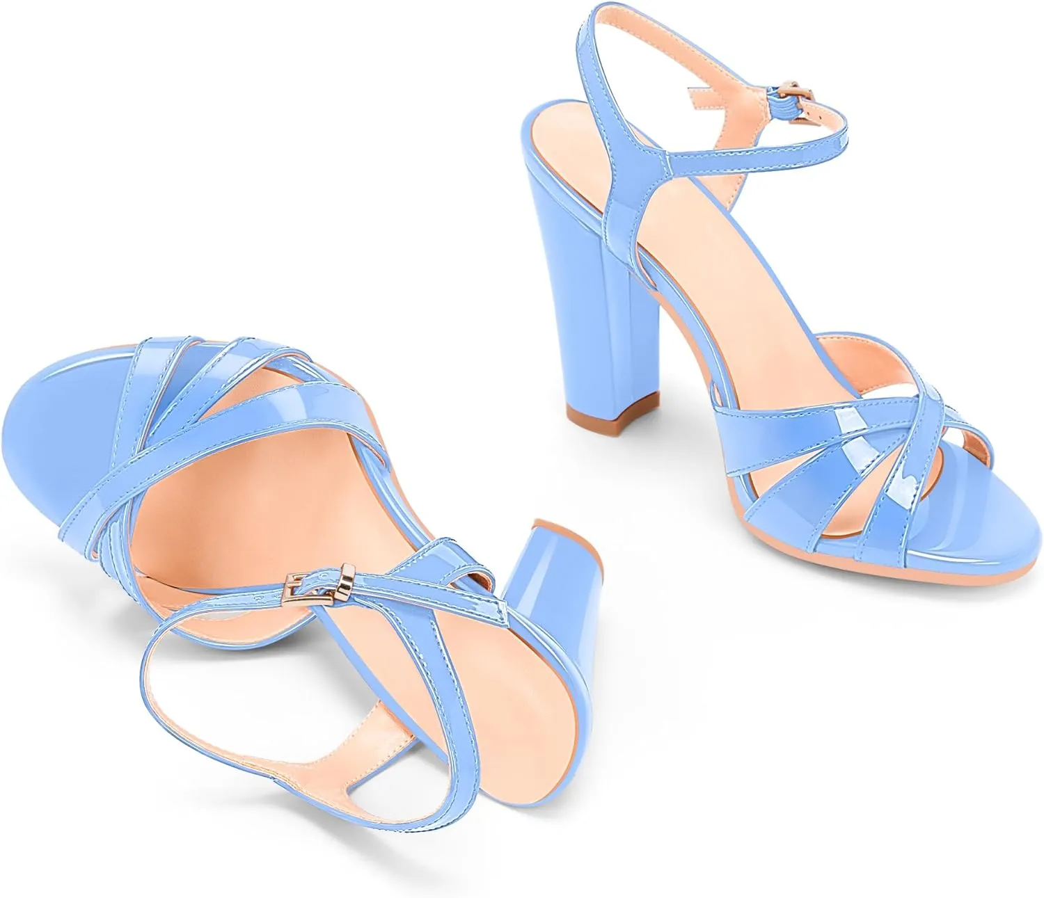 Women's Patent Leather Heeled Sandals - Chunky High Heel Open Toe with Adjustable Buckle Strap | Comfort Dress Shoes for Weddings/Parties