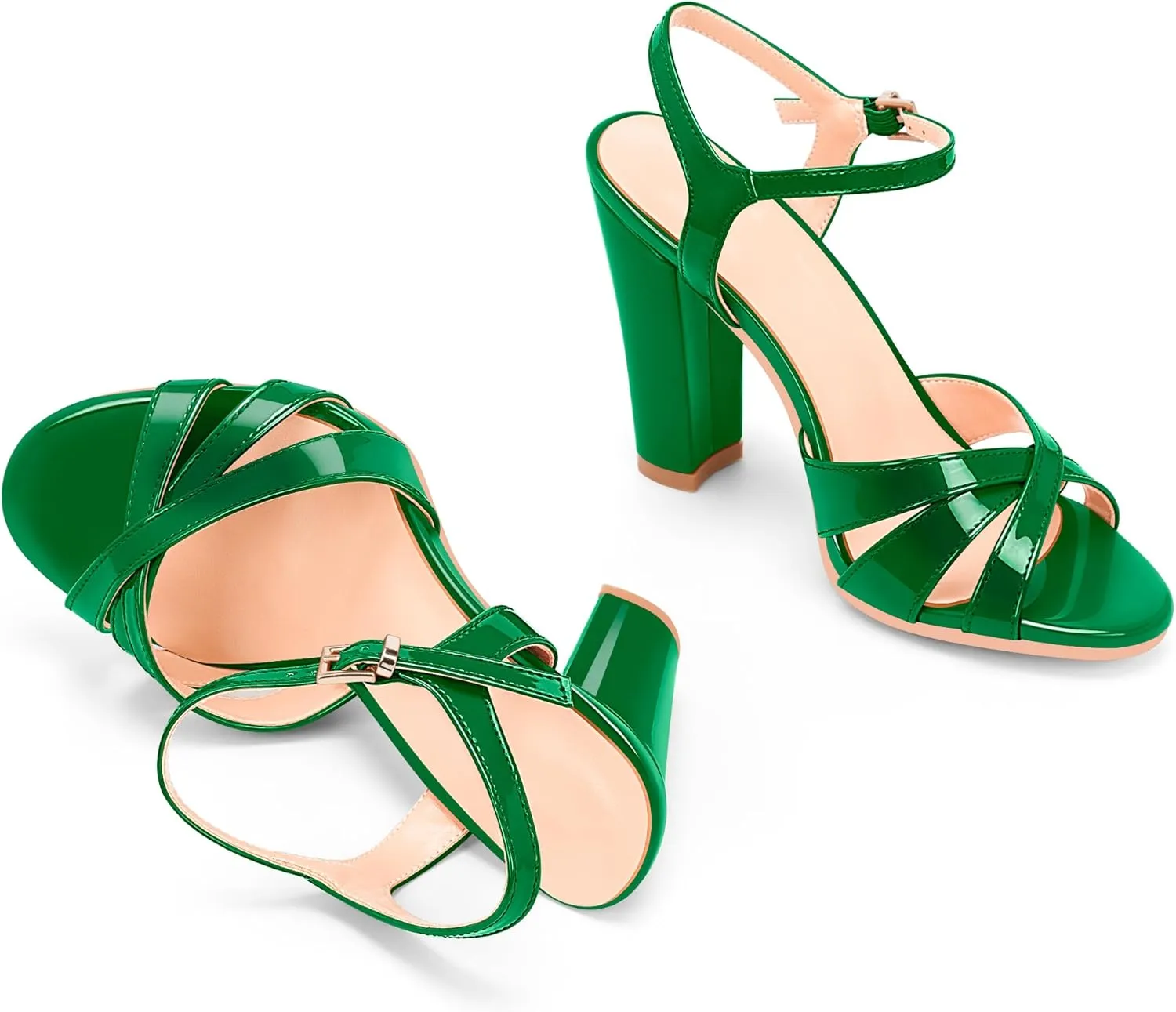 Women's Patent Leather Heeled Sandals - Chunky High Heel Open Toe with Adjustable Buckle Strap | Comfort Dress Shoes for Weddings/Parties