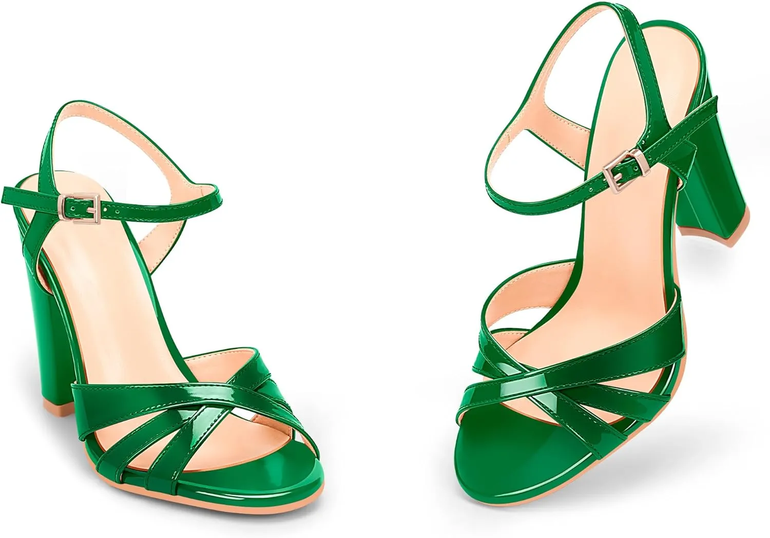 Women's Patent Leather Heeled Sandals - Chunky High Heel Open Toe with Adjustable Buckle Strap | Comfort Dress Shoes for Weddings/Parties