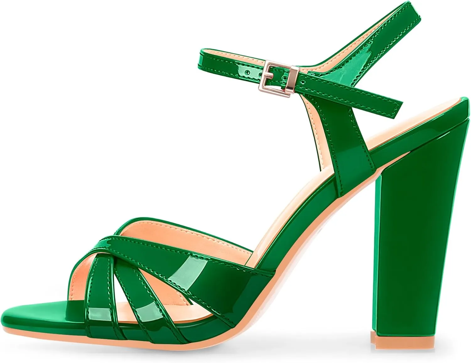 Women's Patent Leather Heeled Sandals - Chunky High Heel Open Toe with Adjustable Buckle Strap | Comfort Dress Shoes for Weddings/Parties