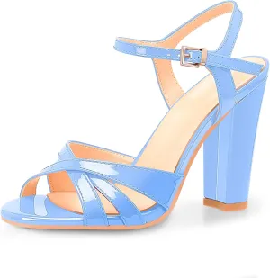 Women's Patent Leather Heeled Sandals - Chunky High Heel Open Toe with Adjustable Buckle Strap | Comfort Dress Shoes for Weddings/Parties