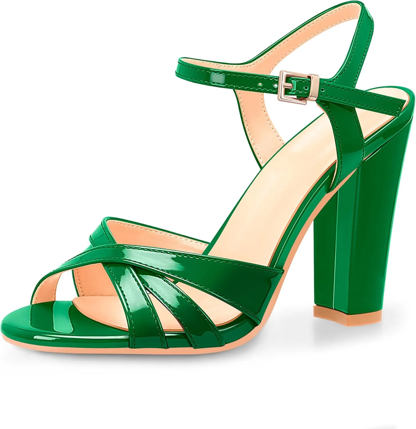 Women's Patent Leather Heeled Sandals - Chunky High Heel Open Toe with Adjustable Buckle Strap | Comfort Dress Shoes for Weddings/Parties