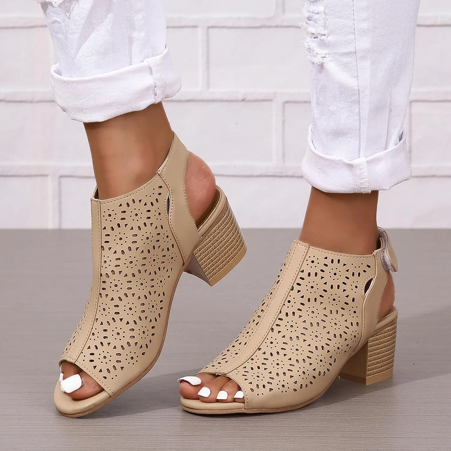 Women's Peep Toe Cutout Sandals Slingback Ankle Strap Low Stacked Heel Ankle Bootie Summer Dress Sandals