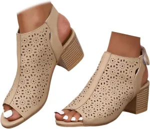 Women's Peep Toe Cutout Sandals Slingback Ankle Strap Low Stacked Heel Ankle Bootie Summer Dress Sandals