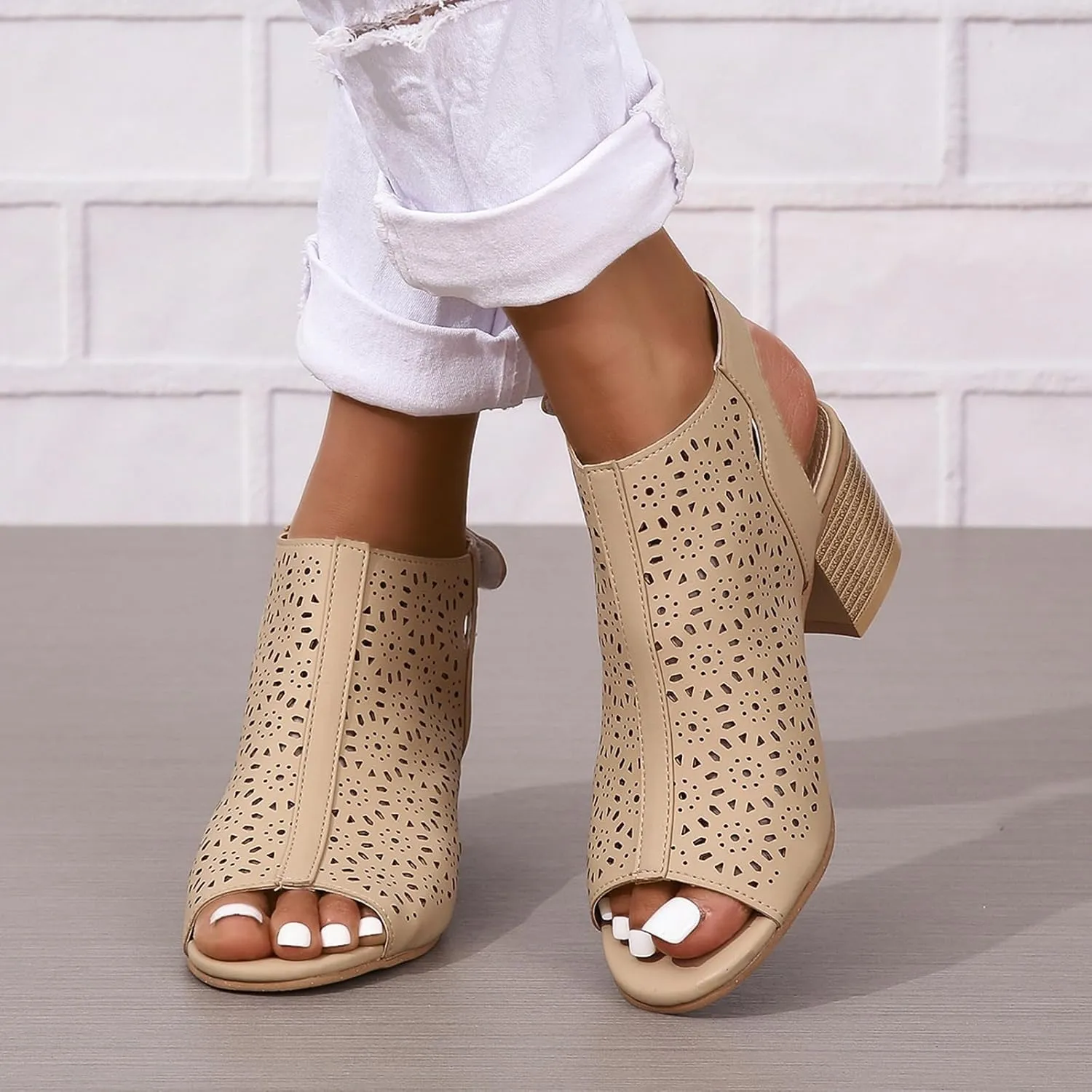 Women's Peep Toe Cutout Sandals Slingback Ankle Strap Low Stacked Heel Ankle Bootie Summer Dress Sandals